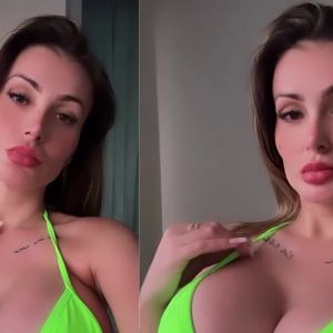 Andressa Urach exibe silicone em biquíni menor que os seios, mas outro detalhe recebe críticas: 'Fazer vaquinha para...'