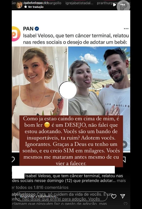 'Me mataram antes': aos 17 anos e com câncer terminal, influencer Isabel Veloso reage de forma emocionante à ataques por sonho de ser mãe