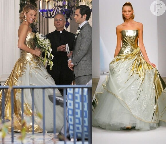 O vestido de noiva de Serena em 'Gossip Girl' traz detalhes em dourados, bem a cara da personagem