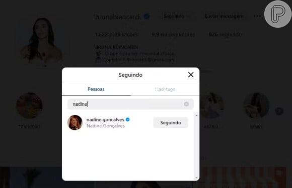 Nadine Gonçalves não segue Bruna Biancardi de volta no Instagram