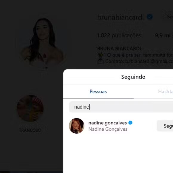 Nadine Gonçalves não segue Bruna Biancardi de volta no Instagram