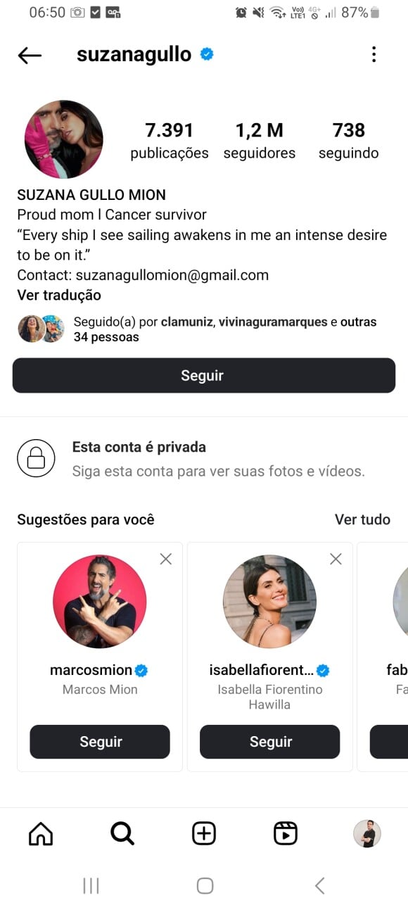 Mulher de Marcos Mion, Suzana Gullo resolveu trancar seu Instagram