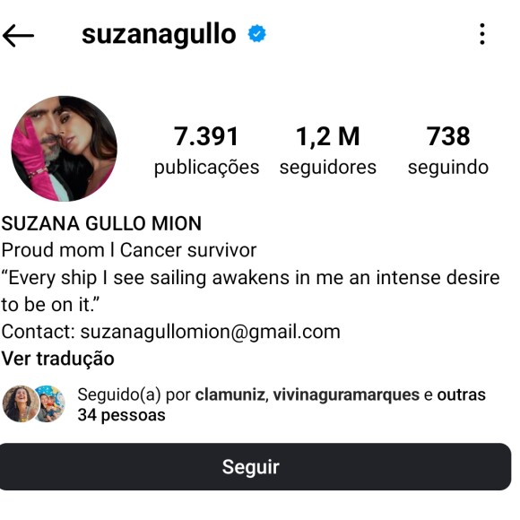 Mulher de Marcos Mion, Suzana Gullo resolveu trancar seu Instagram