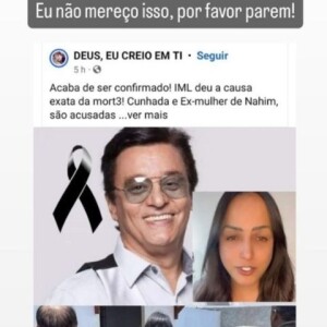 Lisa Gomes exibiu print de uma página no Facebook que publicou: 'Acaba de ser confirmada! IML deu a causa exata da morte! Cunhada e ex-mulher de Nahim são acusadas'