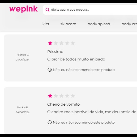 No site da WePink, as avaliações são bastante negativas para o body splash de waffle