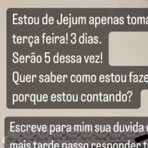 Nos stories do Instagram, Maíra Cardi revelou que tem bebido apenas água e ficará mais 2 dias sem comer