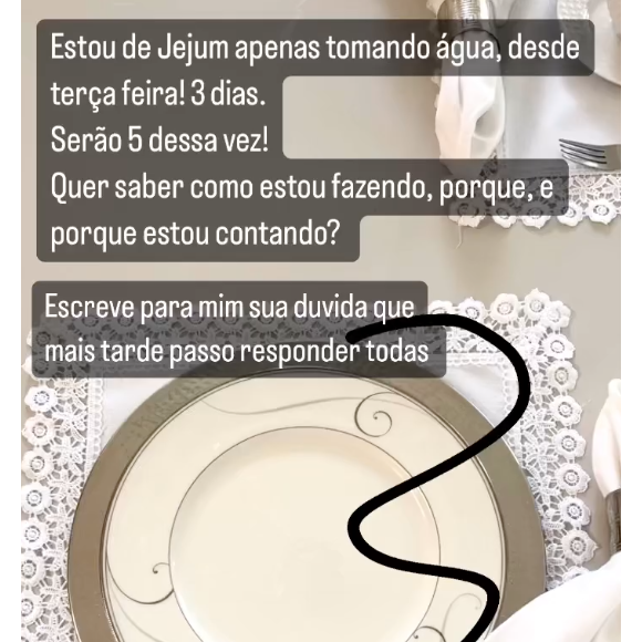 Nos stories do Instagram, Maíra Cardi revelou que tem bebido apenas água e ficará mais 2 dias sem comer
