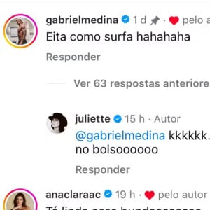 Juliette recebeu elogios de famosos como Gabriel Medina, Giovanna Ewbank e Ana Clara, que elogiou o bumbum da amiga