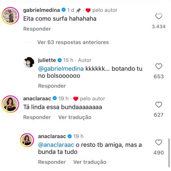 Juliette recebeu elogios de famosos como Gabriel Medina, Giovanna Ewbank e Ana Clara, que elogiou o bumbum da amiga