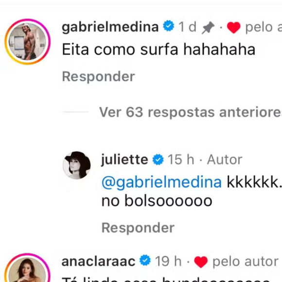 Juliette recebeu elogios de famosos como Gabriel Medina, Giovanna Ewbank e Ana Clara, que elogiou o bumbum da amiga