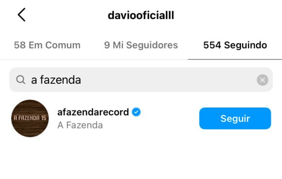 Davi Brito começou a seguir o perfil de 'A Fazenda' no Instagram