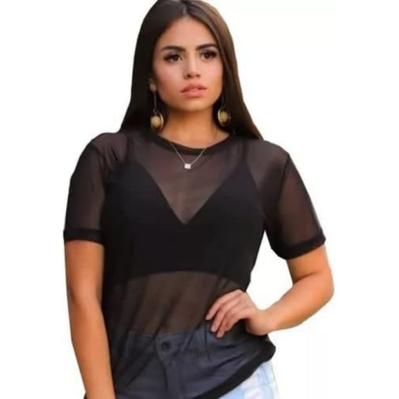 Blusa Camisa Tule Transparencia Blogueira Ref 109