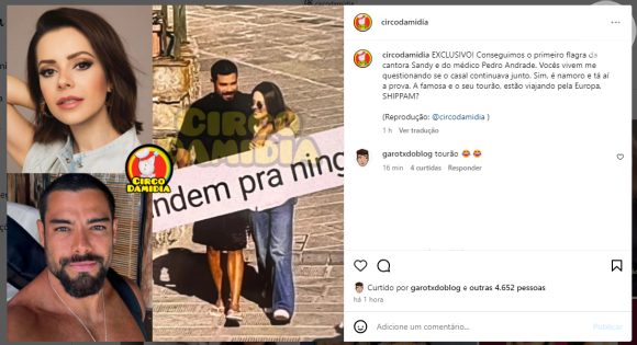 Sandy e Pedro Andrade aparecem em clima de intimidade em foto divulgada pelo perfil Circo da Mídia