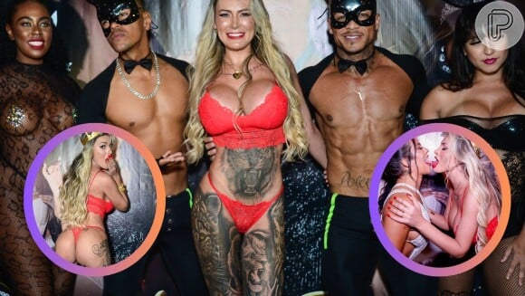 Andressa Urach foi de lingerie vermelha à sua festa de 37 anos, mostrou língua bifurcada, e deu beijo na primeira Miss Bumbum