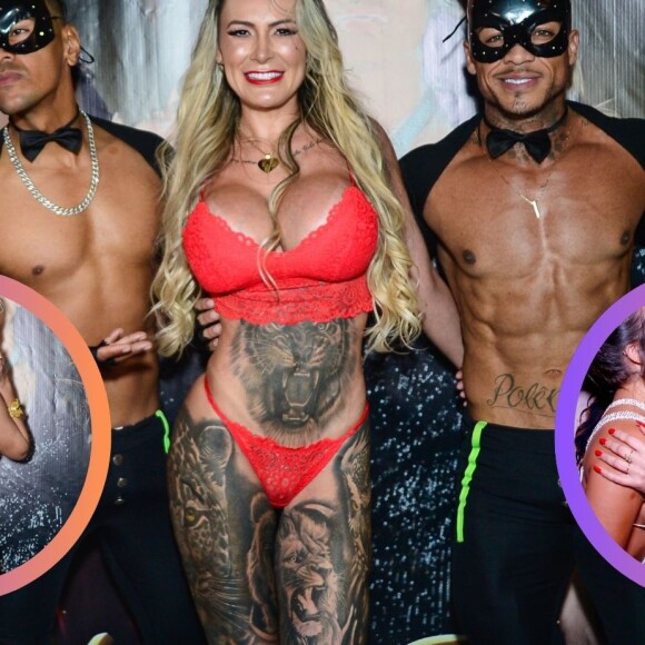 Andressa Urach foi de lingerie vermelha à sua festa de 37 anos, mostrou língua bifurcada, e deu beijo na primeira Miss Bumbum