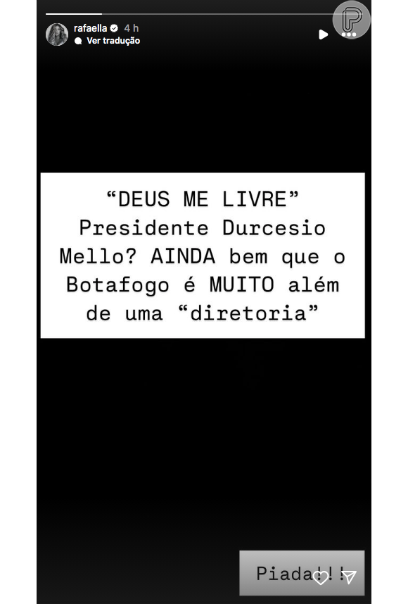 "Ainda bem que o Botafogo é muito além de uma 'diretoria'", detonou Rafaella Santos