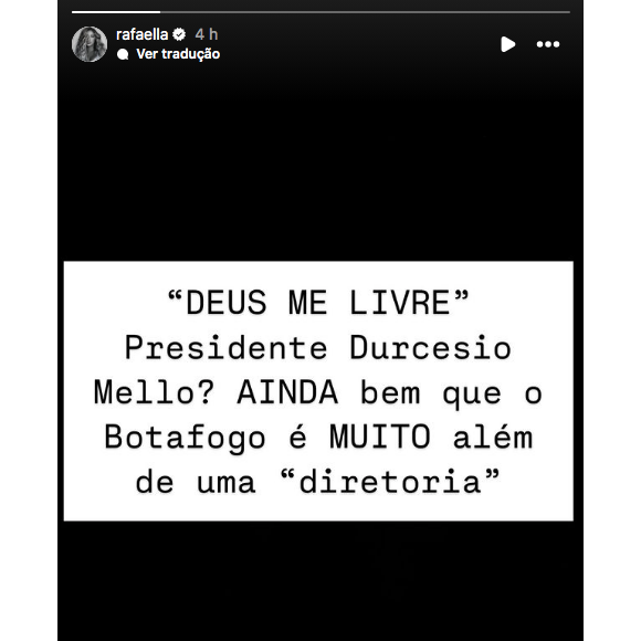 "Ainda bem que o Botafogo é muito além de uma 'diretoria'", detonou Rafaella Santos