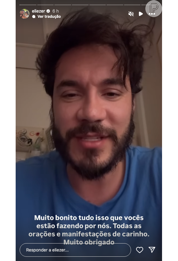 Neste sábado (30), Eliezer gravou uma sequência de stories em seu Instagram explicando o estado de saúde do filho