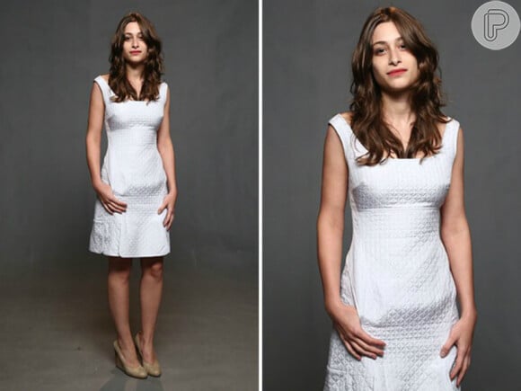 Luisa Arraes, que viverá a Laís na trama e fará par romântico com Chay Suede, apostou num vestido branco clássico