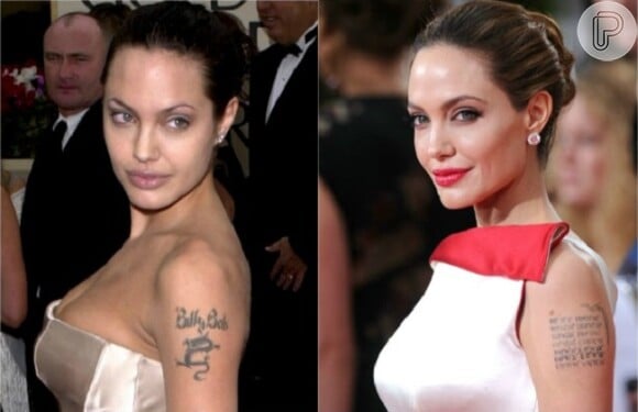 Angelina Jolie tinha o nome do ex-marido, Billy Bob, tatuado no braço esquerdo. Após a separação, ela apagou o desenho e escreveu as coordenadas dos locais onde os seis filhos nasceram