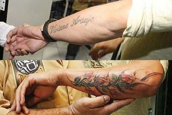Belo também escreveu o nome da ex-mulher, Viviane Araújo, no braço. O cantor cobriu o desenho com tatuagens de rosas