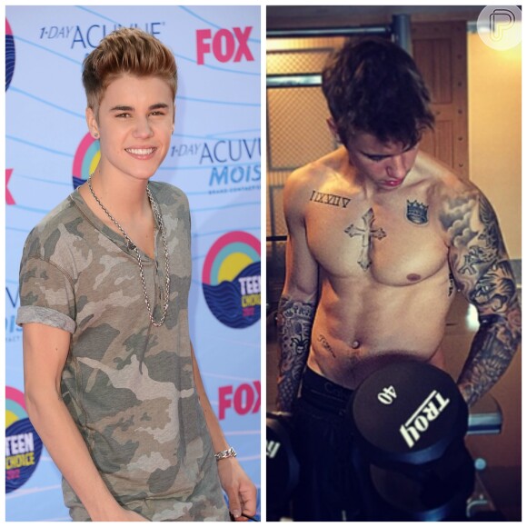 Justin antes e depois: quando começou a fazer sucesso, aos 15 anos, o cantor era um adolescente franzino. Tempos mais tarde, o astro encheu o corpo de tatuagens e ganhou músculos pegando pesado na malhação