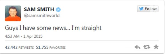 Sam Smith, atração confirmada do Rock in Rio 2015, brincou com seus seguidores do Twitter: 'Tenho uma coisa para falar para vocês... Sou hétero'