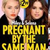 Revista afirmou que Miley Cyrus e Selena Gomez estavam grávidas do mesmo homem. Miley brincou e disse que era do Justin Bieber