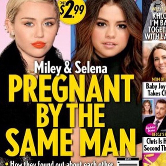 Revista afirmou que Miley Cyrus e Selena Gomez estavam grávidas do mesmo homem. Miley brincou e disse que era do Justin Bieber