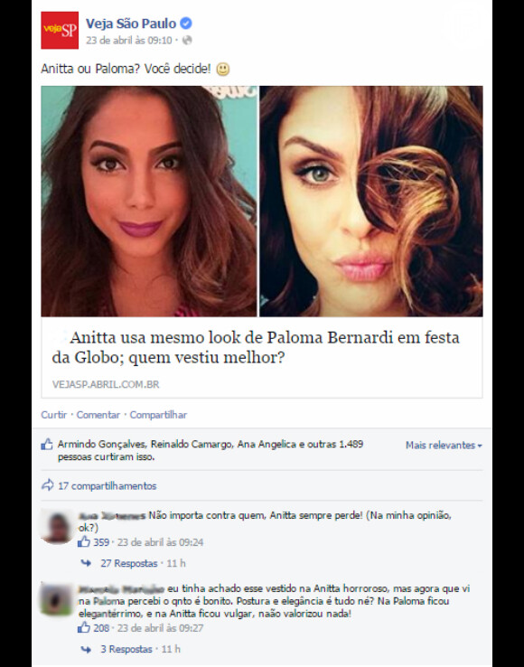 Na enquete promovida pela revista 'Veja SP' no Facebook, Paloma Bernardi levou a melhor e agradeceu a preferência: 'Prova que tenho bom gosto e referência'