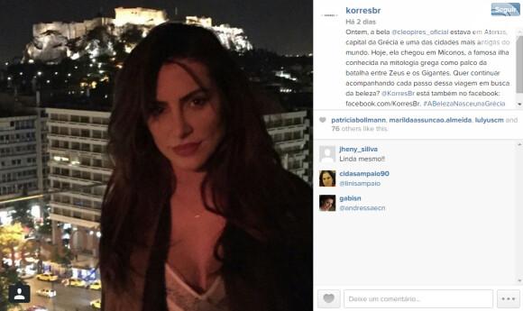 A marca grega Korres publicou em seu Instagram uma foto da atriz Cleo Pires, no último sábado, 17 de maio de 2015