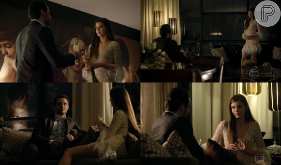 Alex (Rodrigo Lombardi) convence Angel (Camila Queiroz) a ficar ao menos para um brinde por sua estreia nas passarelas
