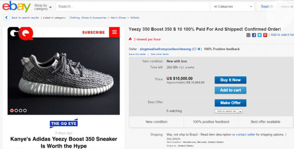Tênis Yeezy Boost 350 está disponível no site de vendas e-Bay pelo valor de US$ 10 mil, cerca de R$ 31 mil