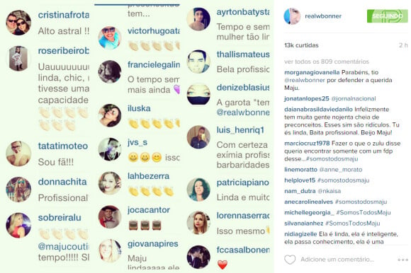 William Bonner compartilhou em sua conta do Instagram os comentários dos seguidores na postagem de homenagem à Maria Júlia Coutinho