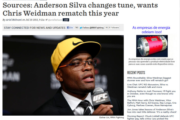 Anderson Silva muda de ideia e quer revanche contra Chris Weidman, segundo o site 'MMA Fighting' em 10 de julho de 2013