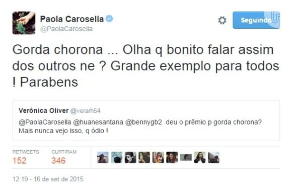 Paola Carosella defendeu Izabel Alvares, vencedora do 'MasterChef Brasil'. 'Gorda chorona... Olha que bonito falar assim dos outros, né? Grande exemplo para todos! Parabéns', ironizou