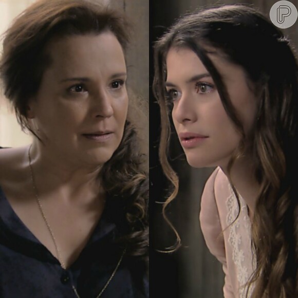 Lívia (Alinne Moraes) diz a Emília (Ana Beatriz Nogueira) que não vai embora da cidade com ela e Bernardo (Felipe Camargo), na novela 'Além do Tempo', em 28 de setembro de 2015