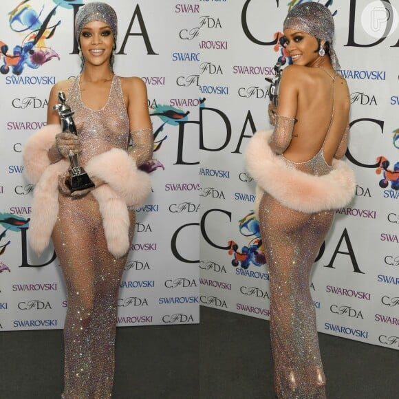 Em 2014, Rihanna prestigiou o CFDA Awards, nos Estados Unidos e foi homenageada com o prêmio de ícone fashion. A cantora atraiu olhares depois de optar por um vestido longo nude bastante revelador, que deixava seus seios à mostra