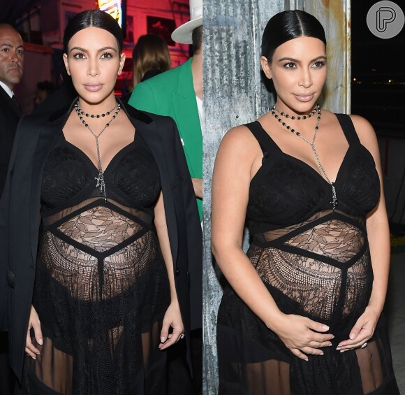 Mesmo grávida de seu segundo filho, Kim Kardashian prova que não tem medo de ousar em seus looks. A socialite prestigiou uma festa pós-evento da Givenchi usando um look da grife com transparência, deixando sua barriga em evidência