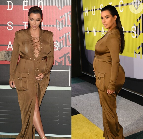 Para o VMA 2015, Kim Kardashian escolheu um look que deixou todas as suas curvas em evidência aos seis meses de gravidez. Ela usou vestido longo marrom Balmain, com detalhe no decote de amarrações e uma grande fenda central nas pernas