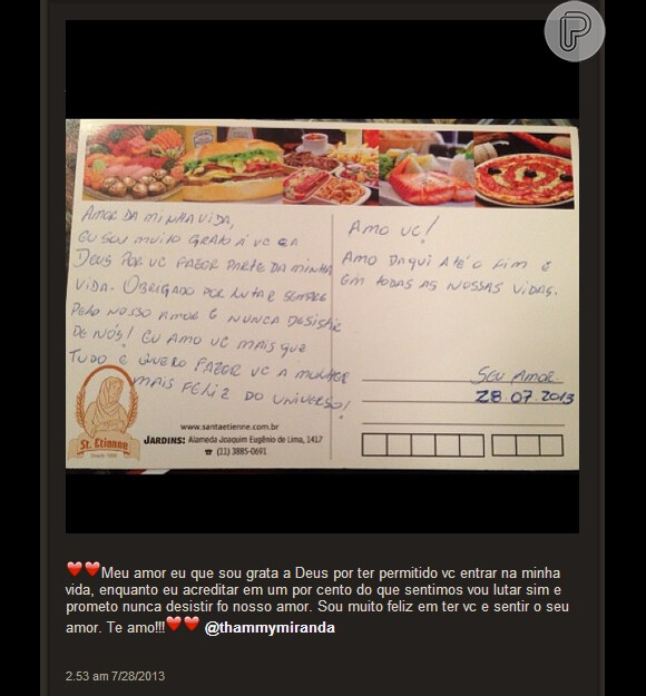 Nilceia publicou a imagem de um cartão que recebeu e declarou seu amor na legenda para Thammy