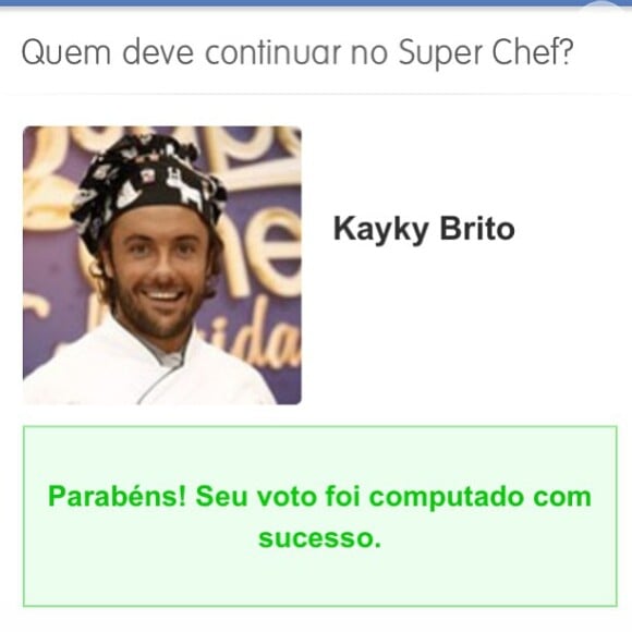No Instagram, Sthefany Brito mostrou que estava na torcida pelo irmão . A atriz publicou a confirmação do seu voto para Kayky Brito continuar no quadro 'Super Chef Celebridades'