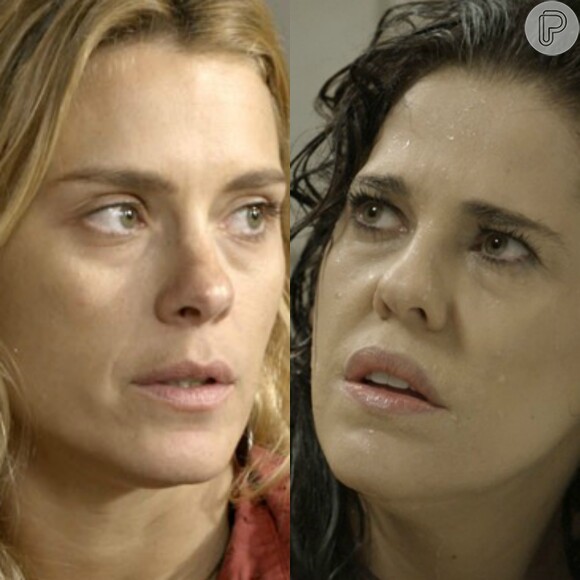 Lara (Carolina Dieckmann) desmascara Orlando (Eduardo Moscovis) para Nelita (Bárbara Paz) mostrando a gravação da conversa e ela se nega a acreditar que o marido é um bandido, na novela 'A Regra do Jogo'