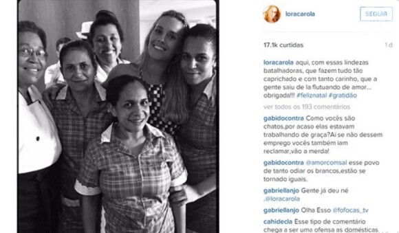 Foto de Carolina Dieckmann e Regina Casé com empregadas domésticas recebem críticas de internautas nesta segunda-feira, 28 de dezembro de 2015