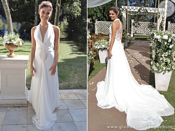Amora (Sophie Charlotte) usa vestido de noiva com uma longa cauda e decote frontal. A cena do casamento vai ao ar em 5 de setembro de 2013