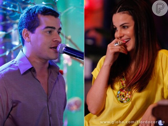 Rodrigo (Thiago Martins) dedica canção romântica para Amaralina (Sthefany Brito), que se derrete pelo namorado, em 'Flor do Caribe'