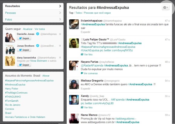 Internautas pedem saída de Andressa do reality e hashtag #AndressaExpulsa vai parar nos Trending Topics do Twitter