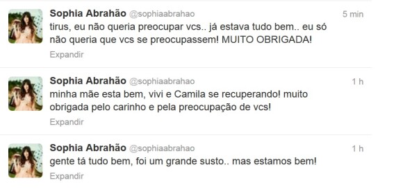 Depois que o acidente se tornou público, Sophia Abrahão escreveu novamente no Twitter: 'Eu não quis preocupar vocês. Já estava tudo bem'