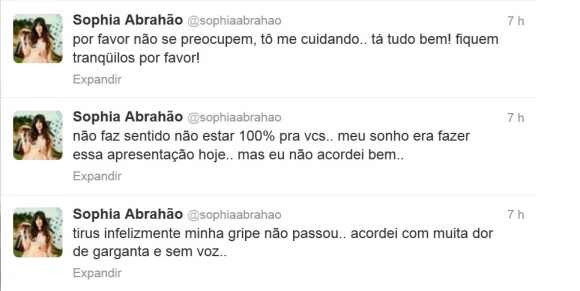Sophia Abrahão justificou nesta terça-feira, através do Twitter, o cancelamento da sua apresentação em um pocket show por causa de uma gripe: 'Acordei com muita dor de garganta e sem voz'
