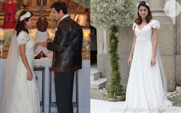 Marcina (Chandelly Braz) usa um vestido romântico em seu casamento com João Gibão (Sergio Guizé), em 'Saramandaia'